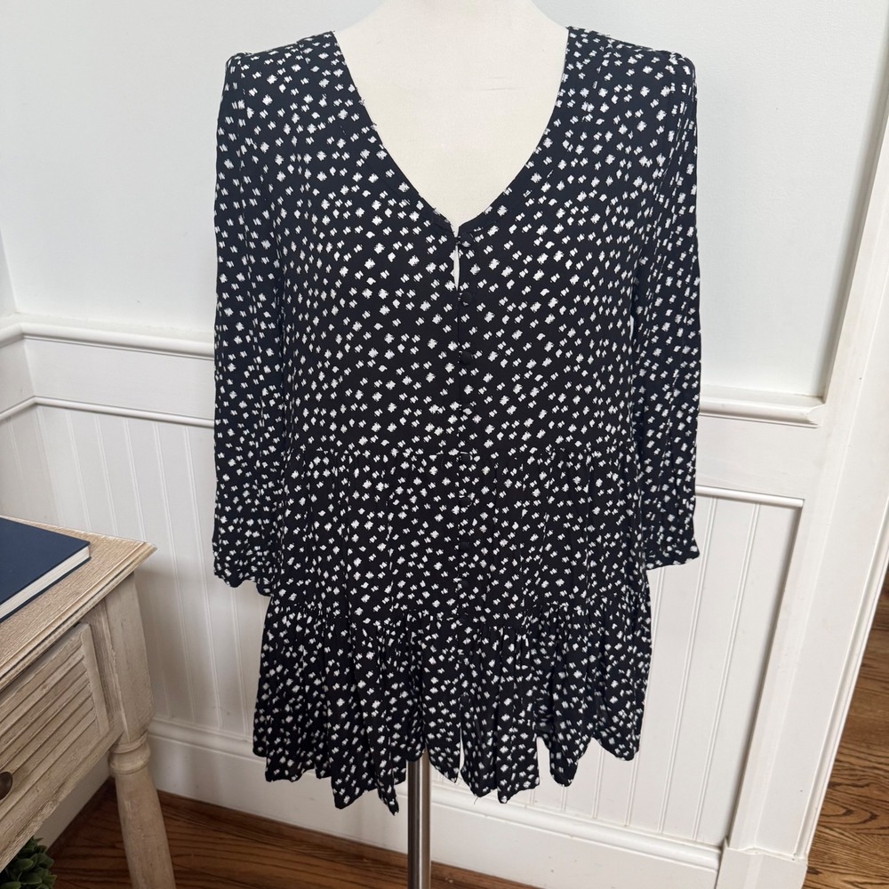 Maeve Anthropologie Black White Geometric Rayon 3/4 Sleeve Tiered Mini Dress L